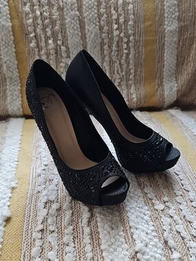 Black Embellished Peep-Toe High Heels